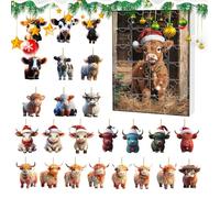 Cow Countdown - Highland Cow, 24 Day Acrylic Ornament Set, Animal Charm Pendants, Window Car Rearview Mirror Decor, Festive Display for Farmhouse, Kids, Collectors