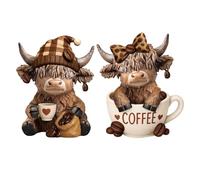 Cow Figurines - Cute Animal Couple Resin Sculpture, 2PCS Highland Cow Resin Animal Sculpture, Brown Scottish Highland Calf Couple | Cute Christmas Thanksgiving Home Decor for Tiered Tray, Garden