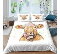 Cow with flowersSet Di Copripiumino microfibra 3 Pezzi stampa di 3D cerniera nascosta Watercolor animal art copripiumino con federe traspirante ultra morbido for coppie Single（135x200cm）