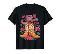 Cowboy Boots Roses And Butterfly Maglietta