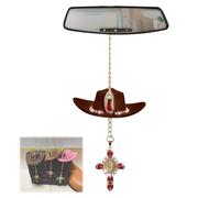 Cowboy Faith Rearview Charm, Virgin Mary Faith Charm, Cowboy Hat Crystal Cross Car Rearview Mirror Decor, Cute Handmade Felt Mini Hat Ornament Pendent Suitable for All Cars(Light brown)