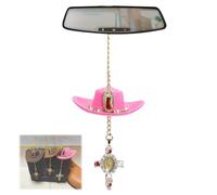 Cowboy Faith Rearview Charm, Virgin Mary Faith Charm, Cowboy Hat Crystal Cross Car Rearview Mirror Decor, Cute Handmade Felt Mini Hat Ornament Pendent Suitable for All Cars(Pink)