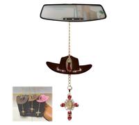 Cowboy Faith Rearview Charm, Virgin Mary Faith Charm, Cowboy Hat Crystal Cross Car Rearview Mirror Decor, Cute Handmade Felt Mini Hat Ornament Pendent Suitable for All Cars(Marrone scuro)