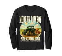 COWBOY MODERNO CON IL MIO CAVALLO D'ACCIAIO sostiene il cibo locale. Maglia a Manica