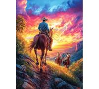 Cowboy Riding at Sunset Puzzle 1000 Pezzi Per Decorare La Parete Scenery Science Fiction Cartone Spesso Non Sbiadisce Per Camera Da Letto Con Cornice Inclusa Stampa Ad Alta Definizione 1000 PCS