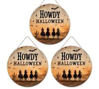Cowboys - Cartello di benvenuto per porta d'ingresso, dimensioni standard, pipistrelli occidentali, ragni, Halloween, in legno arancione, con scritta "Welcome to our home", decorazione per portico