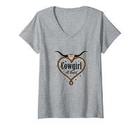 Cowgirl A Cuore Western Rodeo Lasso Amore Longhorn Maglietta con Collo a V, Donna, Grigio Melange, L