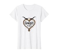 Cowgirl A Cuore Western Rodeo Lasso Amore Longhorn Maglietta, Donna, Bianco, L