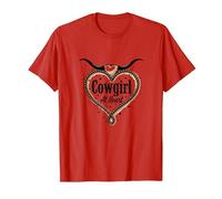 Cowgirl A Cuore Western Rodeo Lasso Amore Longhorn Maglietta, Uomo, Rosso, L