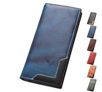 Cowhide Vintage Wallet, Recallcious Cowhide Vintage Wallet, Western Bifold Leather Long Wallets for Men, Gift for Father's Day (Blue)