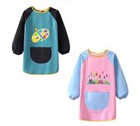 Coyanyu 2 Pezzi Grembiule da Pittura per Bambini, Grembiule da Pittura Impermeabile a Maniche Lunghe con Tasca, Cappotto da Pittura per Bambini per Ragazza/Ragazzo, 6-12 Anni Verde + Rosa