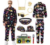 COYBTO Anni 80 Vestiti Uomo, Abbigliamento Sportivo Anni 80 90 con Accessori Gli 80, Costume Gli 80 Uomo Giacca Pantaloni Retrò, Completo Sportivo Uomini per Carnevale Festa Rétro (Nero, XL)
