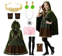 COYBTO Costume da Arciere per Bambini, Costume da Arciere per Ragazze con Mantello Vestito Verde e Accessori, Costume da Cacciatore Bambino per Medievale, Carnevale, Halloween, Giochi di Ruolo,150