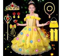 COYBTO Vestito Principessa Bambina, LED Costume Principessa Cenerentola Rapunzel Rosa Bella e la Bestia con Set Corona Principessa Luminoso, Vestito Costume Cenerentola Bella per Carnevale