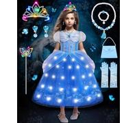 COYBTO Vestito Principessa Bambina, LED Costume Principessa Cenerentola Rapunzel Rosa Bella e la Bestia con Set Corona Principessa Luminoso, Vestito Costume Cenerentola Bella per Carnevale