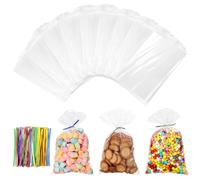 Cozary 200 Pezzi Sacchetti Trasparenti con Cinghie Colorate, 25 x 15 cm Piccoli Sacchetti Cellophane Pellicola Bustine Alimenti, Sacchetti Caramelle Biscotti OPP Sac Regalo per Feste Compleanno