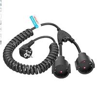 Cozary Cavo di Prolunga a Spirale con Doppia Spina per Presa, Estensibile da 0,75M a 2M,16 A/ 250 V, Prolunga di Collegamento per Casa, Ufficio, Viaggio, Nero