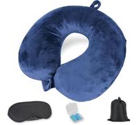 Cozary Cuscino da Viaggio Gonfiabile, Cuscino Aereo Ultraleggero e Compatto con Maschera Occhi e Tappi Orecchie, Cuscino Cervicale Gonfiabile per Aereo, Treno, Ufficio - Blu Scuro