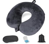 Cozary Cuscino da Viaggio Gonfiabile, Cuscino Aereo Ultraleggero e Compatto con Maschera Occhi e Tappi Orecchie, Cuscino Cervicale Gonfiabile per Aereo, Treno, Ufficio - Nero