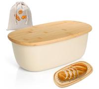 Cozary Portapane con Coperchio in Bambù, 6L Porta Pane da Cucina con Sacchetto per il Pane in Lino, 37x22,5x14 cm, Fondo Antiscivolo, una Aggiore Freschezza (Bianco)