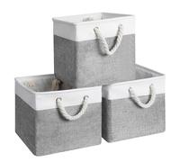 Cozary Set di Cesti Portaoggetti 28x28x28 cm - Pieghevole - Cesto Portaoggetti con Manico in Cotone - Cesto in Tessuto per Mensola, Armadio e Abbigliamento - Grigio/Bianco - Pack da 3