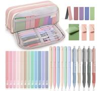 COZCLAM 32pcs Set Cancelleria Aesthetic con Rosa Astuccio, 12 Evidenziatori Pastello, 6 Penne Colori, 5 Penne Nero, 5 Segnalibri Magnetici, 3 Note Adesive, Set Scuola Cancelleria Materiale Scolastico