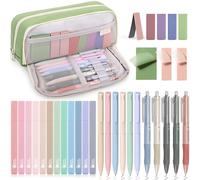 COZCLAM 32pcs Set Cancelleria Aesthetic con Verde Astuccio, 12 Evidenziatori Pastello, 6 Penne Colori, 5 Penne Nero, 5 Segnalibri Magnetici, 3 Note Adesive, Set Scuola Cancelleria Materiale Scolastico