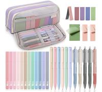 COZCLAM 32pcs Set Cancelleria Aesthetic con Viola Astuccio, 12 Evidenziatori Pastello, 6 Penne Colori, 5 Penne Nero, 5 Segnalibri Magnetici, 3 Note Adesive, Set Scuola Cancelleria Materiale Scolastico