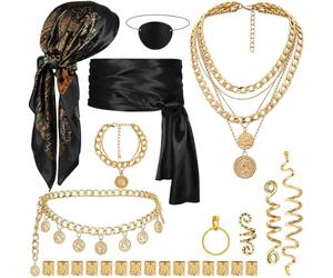 CozDazz Set di 25 accessori per costume da pirata da donna, fazzoletto da pirata da donna con cintura, collana, orecchini, palpebre per occhi, accessori per capelli e gioielli per carnevale e cosplay