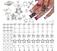COZERI 55 ciondoli 3D Y2K in argento per unghie, stile gotico e punk, con croce brillante, Saturno e stelle, pietre preziose per manicure/gioielli/fai da te, decorazioni per unghie, regalo per gli