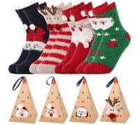 Cozy 4 paia di calzini natalizi pelosi da donna, in morbido pile corallo, con sacchetti regalo, simpatici calzini natalizi con Babbo Natale e renna