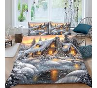 Cozy cabin wintercopripiumino ultra microfibra 3 pezzi motivo 3D con cerniera Snowy mountain scene Set Di Copripiumino con federe per cuscini traspirante for bambini e adolescenti Double（200x200cm）