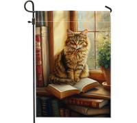 Cozy Cat Garden Flag, Brown Fluffy Cat Home Decor Garden Flags, Double Face Juta Yard Flag Stagionale Outdoor Prato Decorazione 30,5 x 45,7 cm