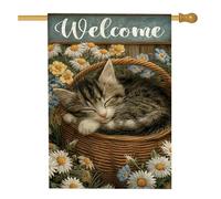 Cozy Cat Garden Flag, Primavera Estate Floreale Benvenuto, Bandiera Bifacciale da Giardino in iuta per la decorazione della casa, Decorazione per prato esterno 71 x 101 cm