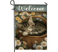 Cozy Cat Garden Flag, Primavera Estate Floreale Benvenuto, Bandiera Bifacciale da Giardino in iuta per la decorazione della casa, decorazione per prato esterno 30,5 x 45,7 cm