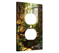 Cozy Cat in a Sunlit Library Placca di copertura per interruttore di luce, decorazione per piante da interno verde, dimensioni standard, perfetta per casa, ufficio o angolo di lettura, presa