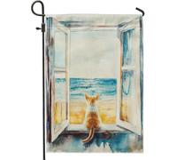 Cozy Cat Watching Ocean View Garden Flag, Orange Tabby Cat Beach House, double face juta bandiera cortile decorazione prato esterno 30,5 x 45,7 cm