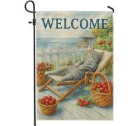 Cozy Cat Welcome Garden Flag, grigio felino rilassante in cesti di ciliegie, decorazione per la casa o cortile, decorazione stagionale per patio esterno 30,5 x 45,7 cm