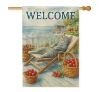 Cozy Cat Welcome Garden Flag, grigio felino rilassante in cesti di ciliegie, decorazione per la casa o cortile, decorazione stagionale per patio esterno 71 x 101 cm