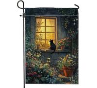 Cozy Cat Window Garden Flag, caldo notturno Home Decor Garden Flags, double face juta Outdoor Lawn Decoration Spring Flowers Floral Design, Stagionale Yard Flag 30,5 x 45,7 cm