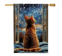 Cozy Cat Window View Garden Flag, Orange Feline Stars Home Decor Banner, Double Sided iuta Outdoor Lawn Decoration for Holiday Party 71 x 101 cm