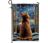Cozy Cat Window View Garden Flag, Orange Feline Stars Home Decor Banner, Double Sided iuta Outdoor Lawn Decoration for Holiday Party 30,5 x 45,7 cm