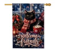 Cozy Cat Winter Welcome Quote Christmas House Flag 71 x 101 cm