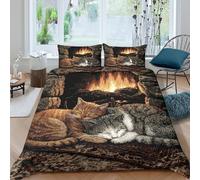 Cozy cats near fireSet Di Copripiumino morbida microfibra 3 pezzi motivo 3D con cerniera Warm home scene copripiumino incluso federe aiosa ultra morbido e traspirante for bambini Single（140x200cm）