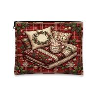 Cozy Christmas Holiday Scene Wreath Makeup Bag 17,8 x 22,9 cm | Sfondo scozzese rosso, Sacchetto della chiusura lampo del trucco, Tazza di cacao fumante, Texture a maglia accogliente