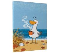Cozy Coastal Gull Tela artistica da parete, blu con stampa di uccelli sulla spiaggia arancione, decorazione giocosa da parete per soggiorno, camera da letto, cucina, arte carina per l'estetica della