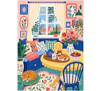 Cozy Cottage Breakfast Nook, puzzle da 500 pezzi per adulti con finestra soleggiata, cuscini floreali, tavolo da tè, piante d'appartamento, stampe di uccelli, gatto addormentato e illustrazione