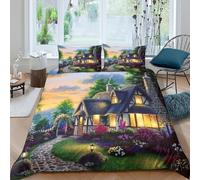 Cozy cottageSet Di Copripiumino morbida microfibra 3 Pezzi stampa di 3D con cerniera Rustic garden scene copripiumino con federa soffice ultra morbido e traspirante for bambini Single（135x200cm）
