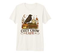 Cozy Crow Cafe, Design Vintage per Amanti del caffè Autunnale Maglietta Premium