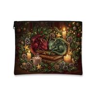 Cozy Dragon Book Lover Quote Dragons Christmas Makeup Bag 17,8 x 22,9 cm | Astuccio con cerniera per trucchi, tema fantasia, accogliente atmosfera per gli amanti dei libri, corona di pino e agrifoglio